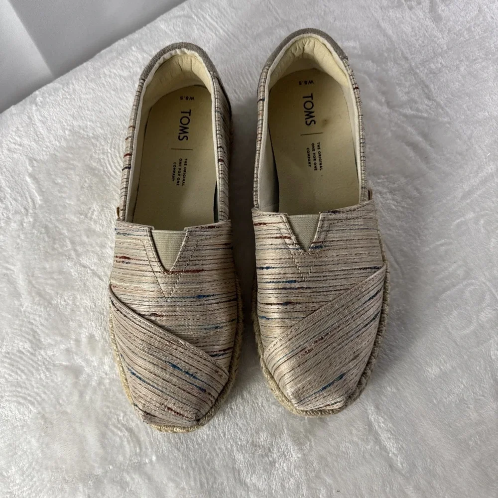 TOMS WOMEN'S CLASSIC ESPADRILLES Sz  8.5  BIRCH METALLIC SLUBBY STRIPE 10013506